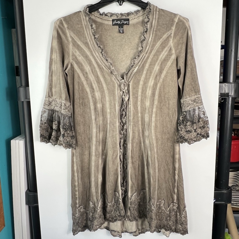Gretty Zueger Womens Sz Large Lace Trim Tunic Top Boho Cottagecore Boutique VGC
